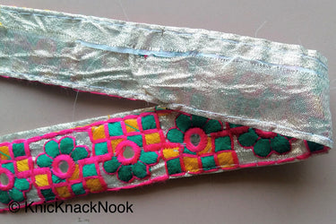 Gold Mirrored Fabric Trim With Green, Yellow And Pink Floral And Square Embroidery, Approx. 32mm Wide - 200317L198